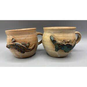 Set Of 2 Handmade Ceramic Mugs With 3D Lizard Design Planters Southwest